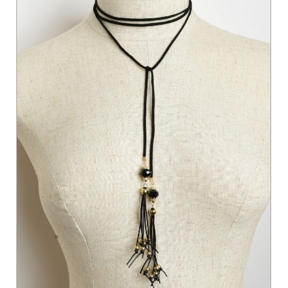 C.C. Boutique Jewelry - Long Leather Drop Tassel Choker Beaded Necklace